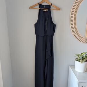 BCBGMAXAZRIA Draped Necklace Halter Gown Evening Dress Navy Size 6 NWT